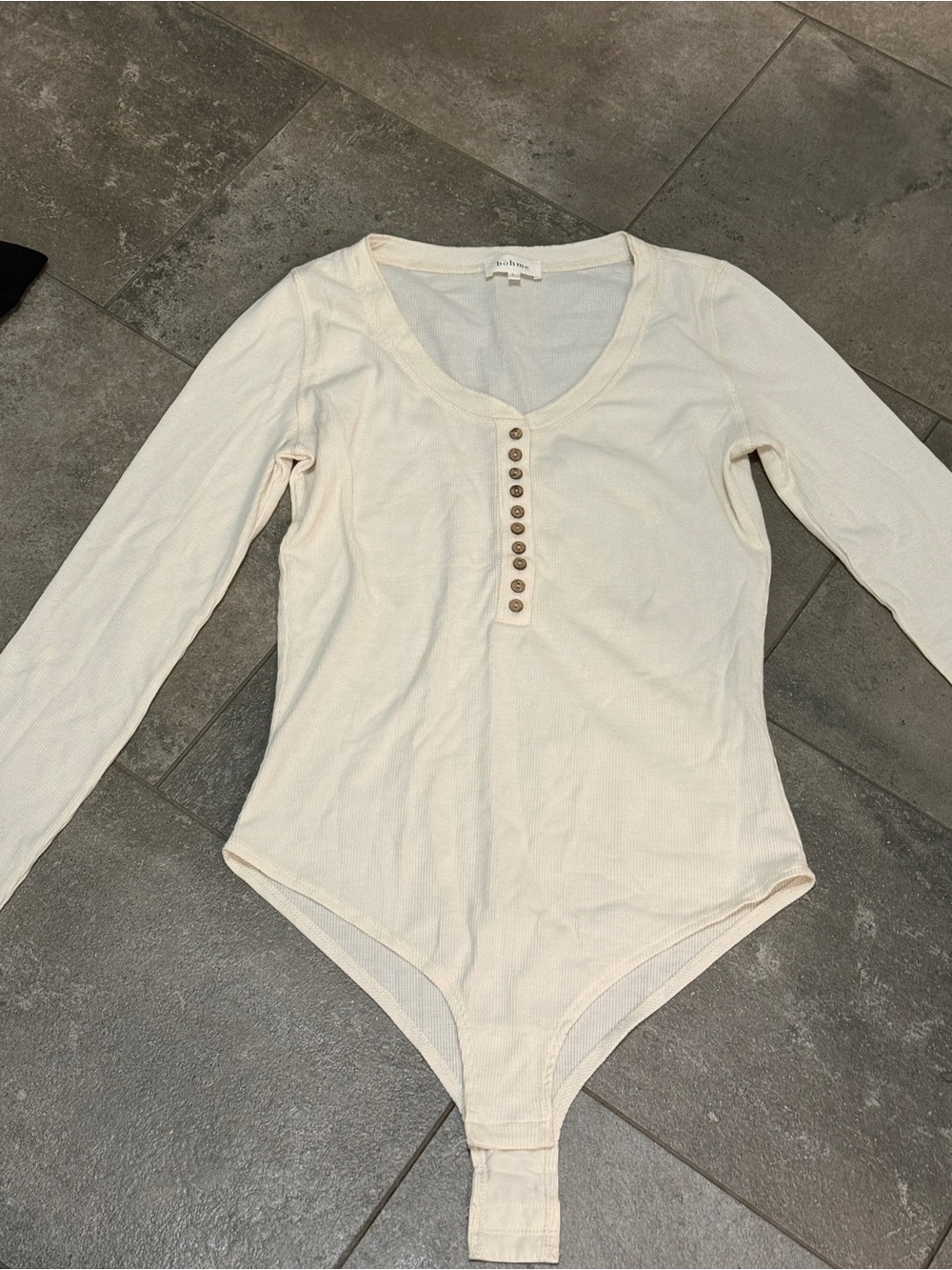 Cream Long-Sleeve Ribbed Henley Bodysuit